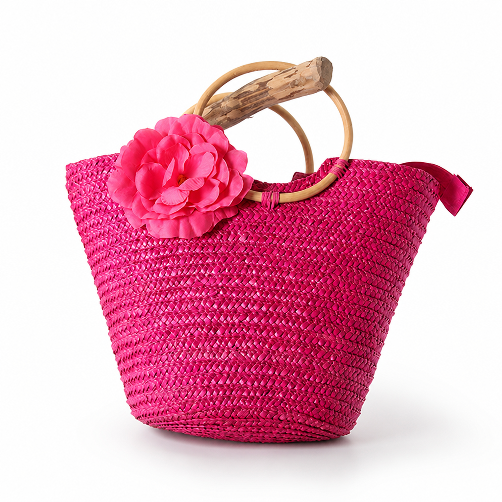 Braided Straw Floral Applique Handbag