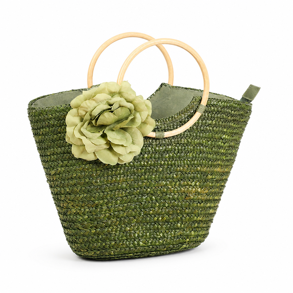 Braided Straw Floral Applique Handbag