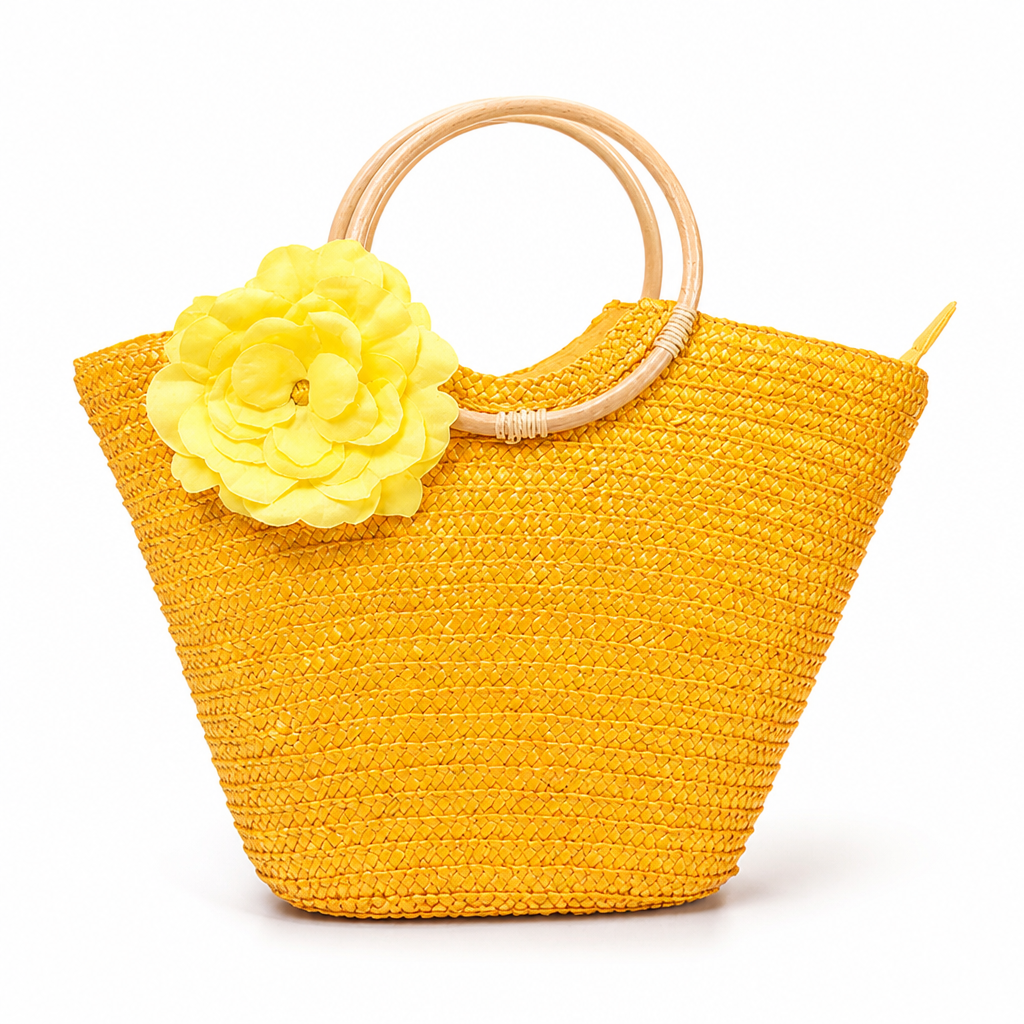 Braided Straw Floral Applique Handbag