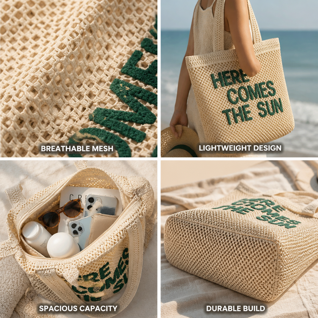 Breathable Lightweight Mesh Tote Bag (Here Comes The Sun Graphic)