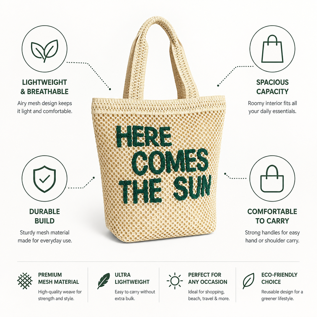 Breathable Lightweight Mesh Tote Bag (Here Comes The Sun Graphic)