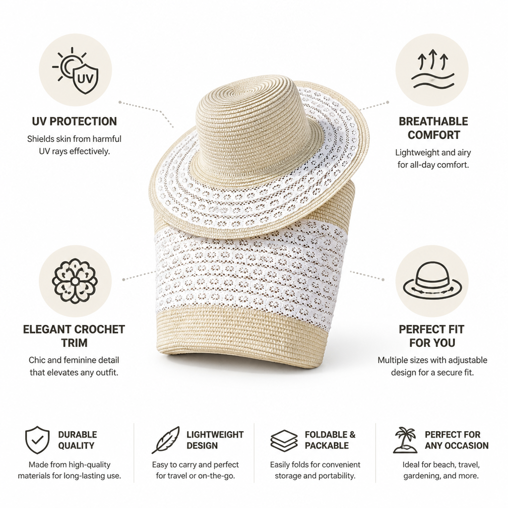 Breathable UV-Protective Crochet Trim Sun Hat