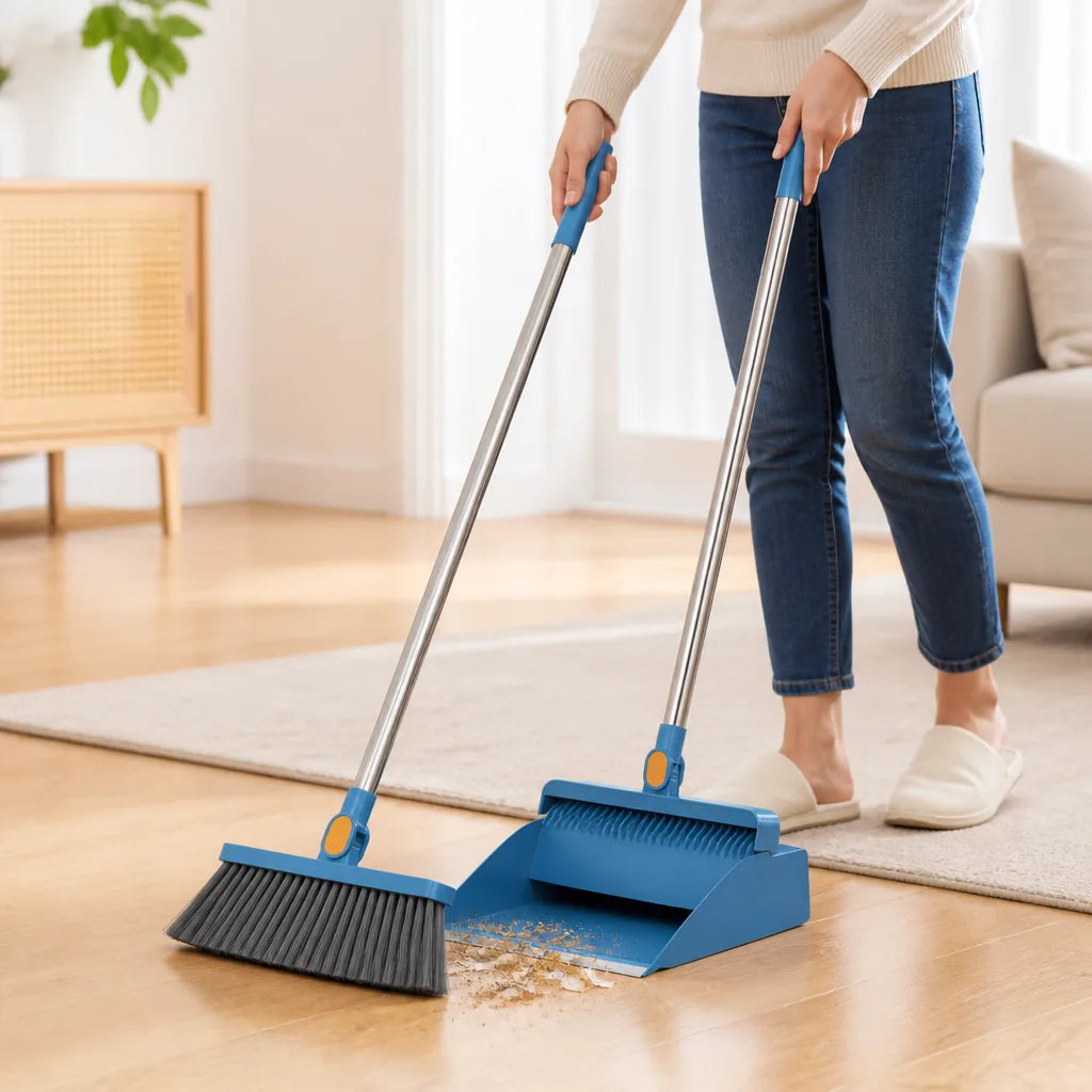 Broom & Dustpan Set Self-Cleaning Bristles Height-Adjustable Handle