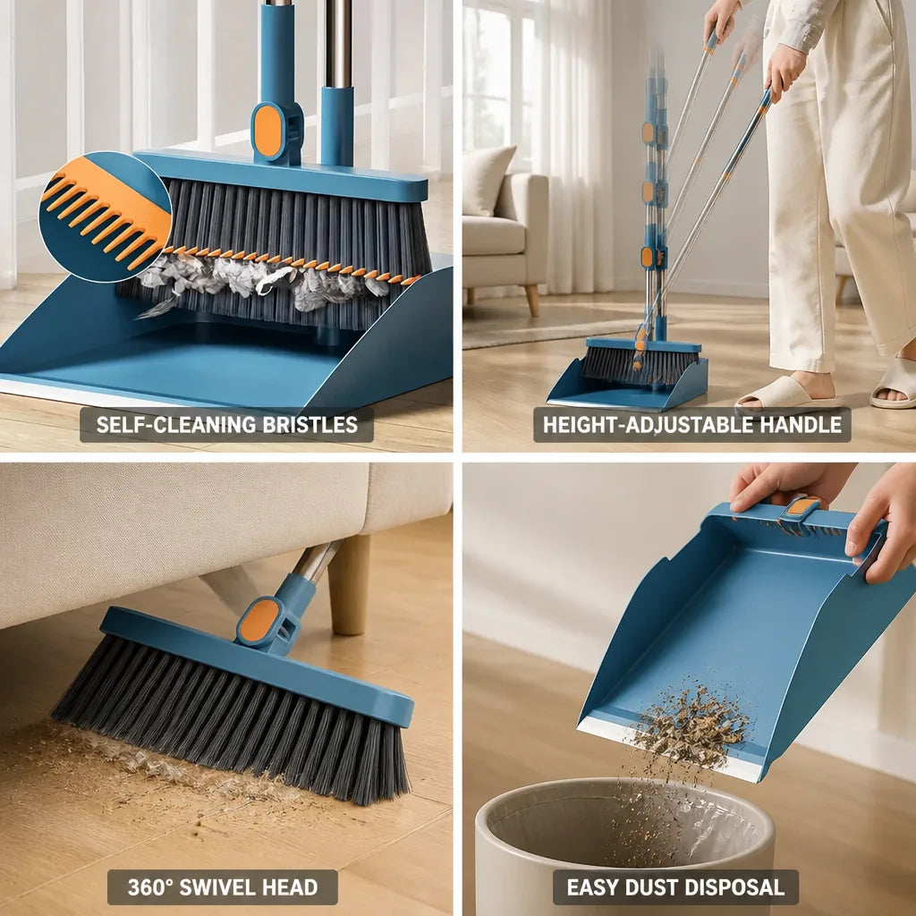 Broom & Dustpan Set Self-Cleaning Bristles Height-Adjustable Handle
