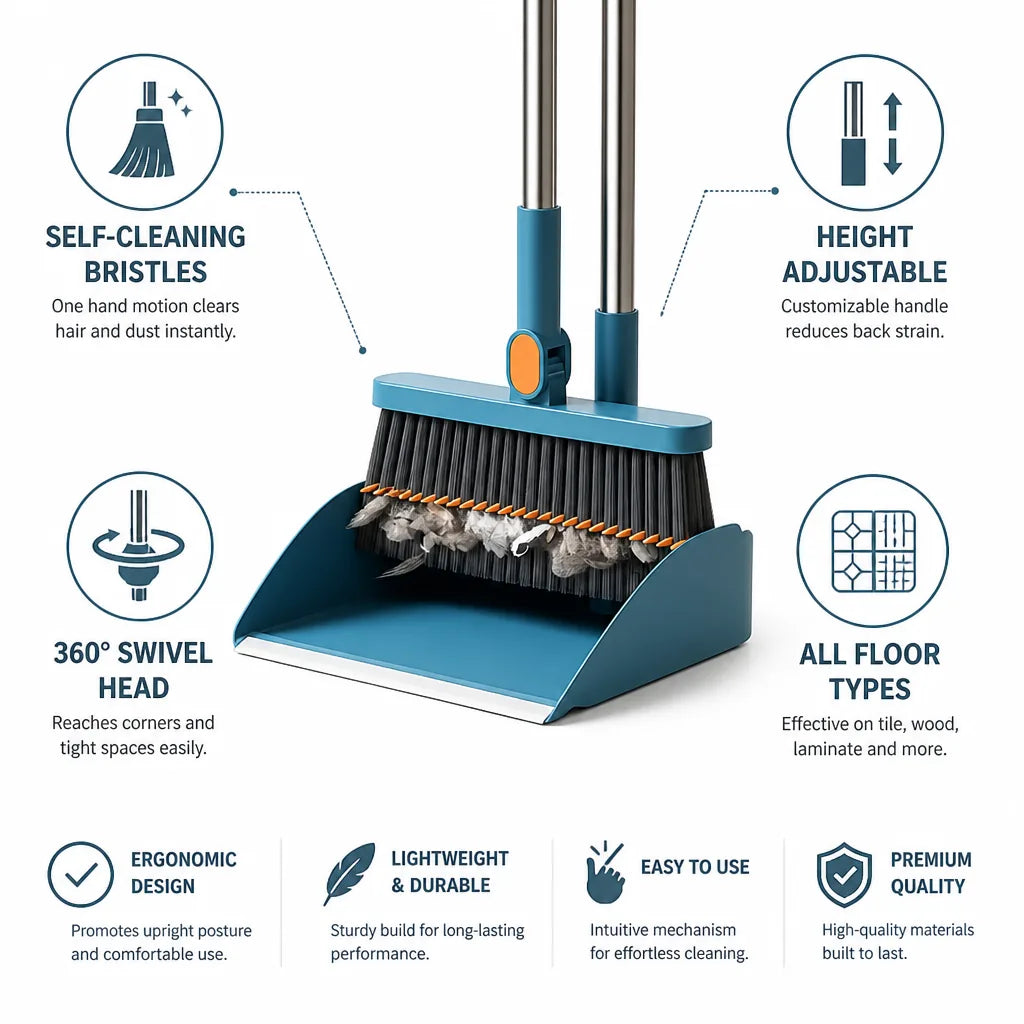 Broom & Dustpan Set Self-Cleaning Bristles Height-Adjustable Handle