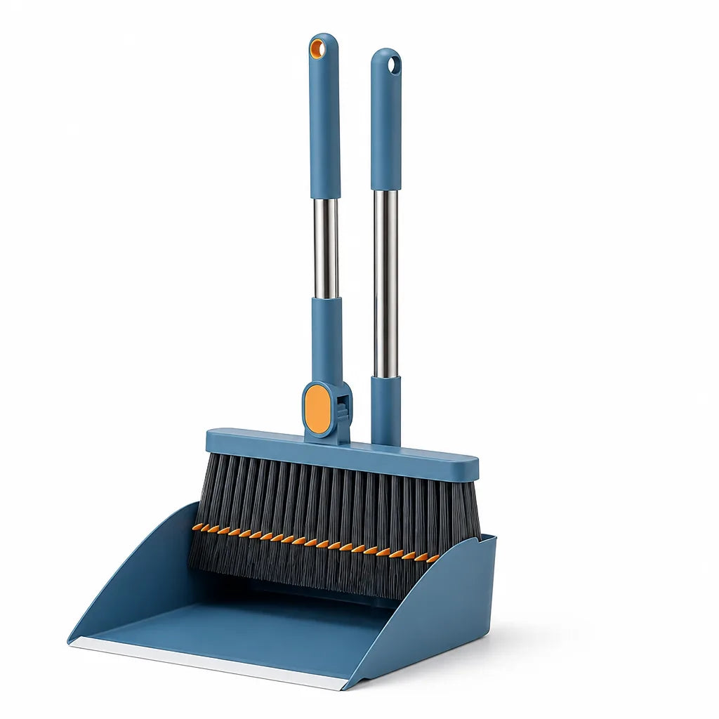 Broom & Dustpan Set Self-Cleaning Bristles Height-Adjustable Handle