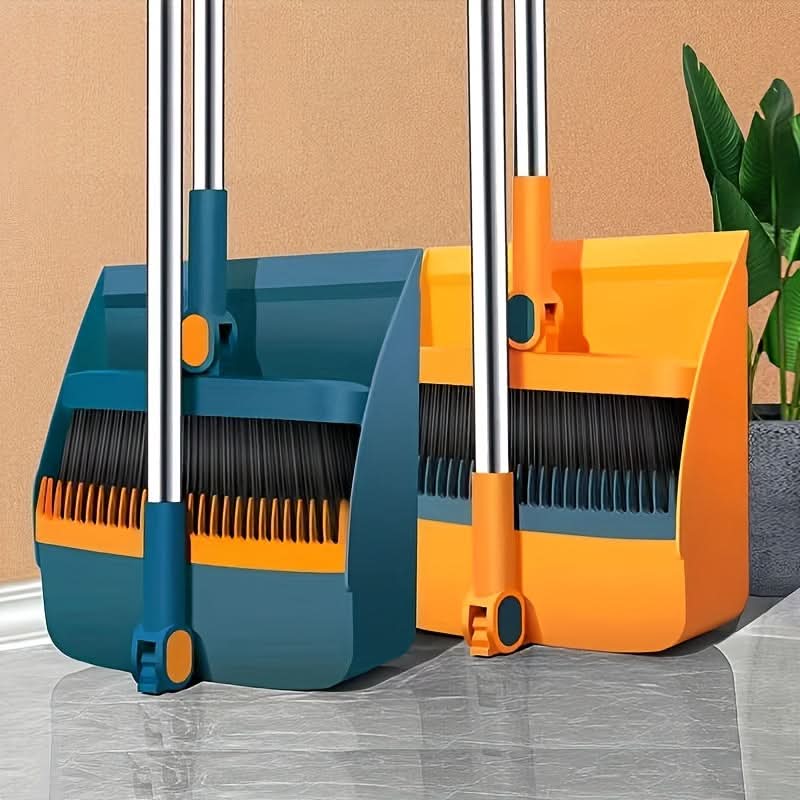 Broom and Dustpan Set Long Handle Integrated Pan Upright Storage
