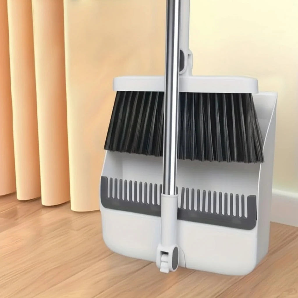 Broom and Dustpan Set Long Handle Integrated Pan Upright Storage