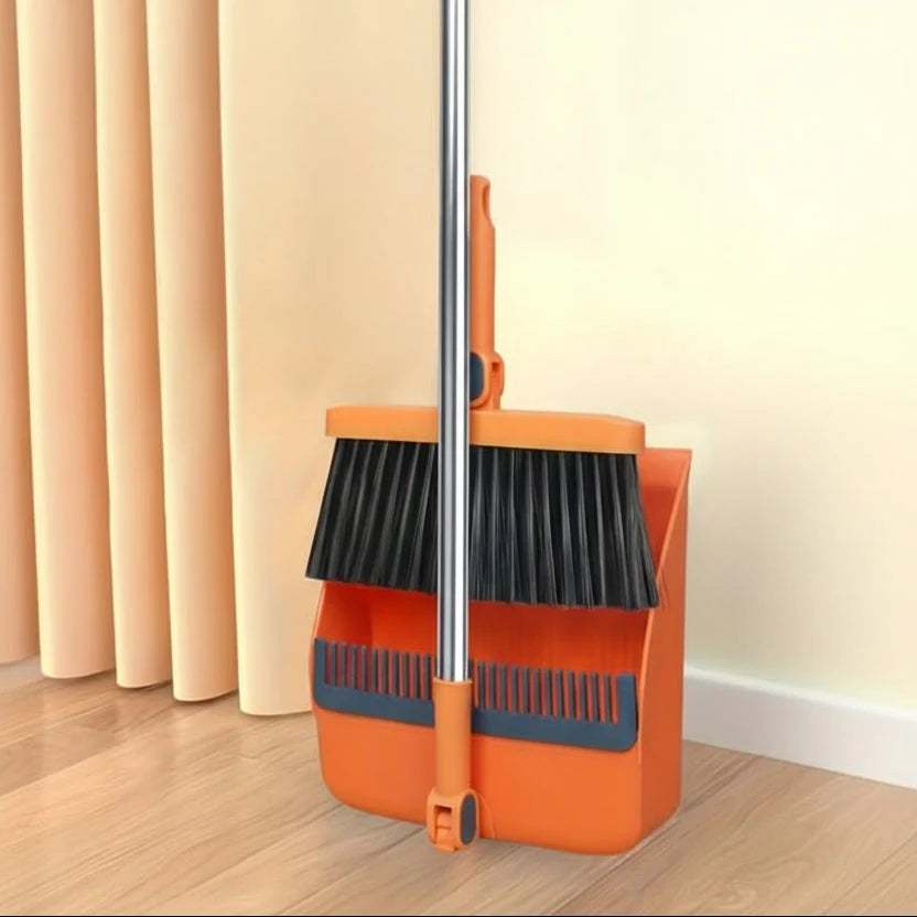 Broom and Dustpan Set Long Handle Integrated Pan Upright Storage