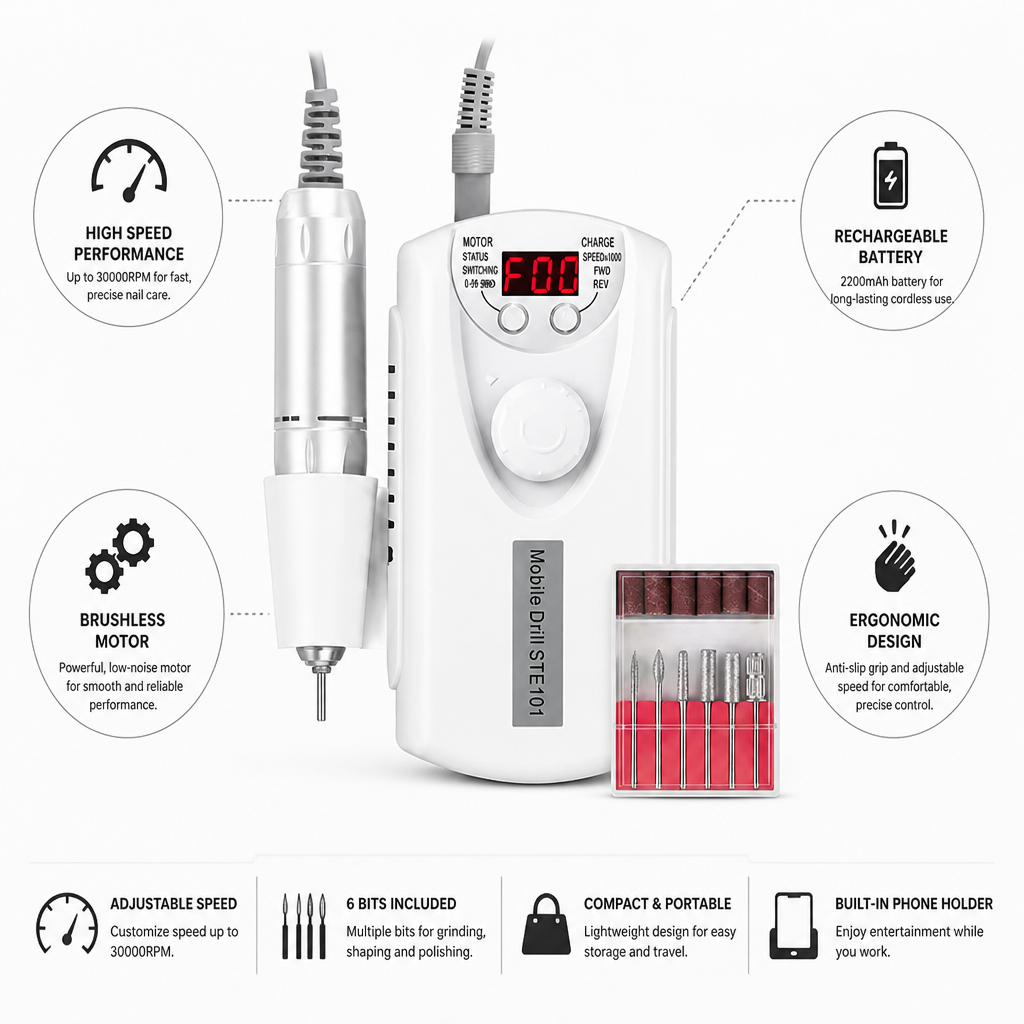 Brushless High-Speed Rechargeable Nail File (With 6 Bits)