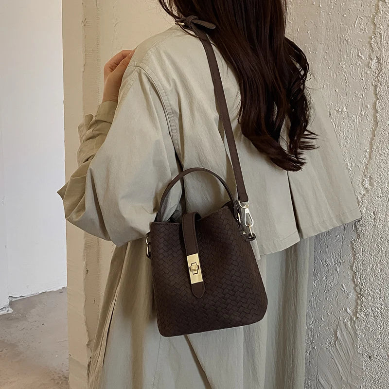 Bucket Handbag Woven Leather Spacious Interior Sturdy Handle
