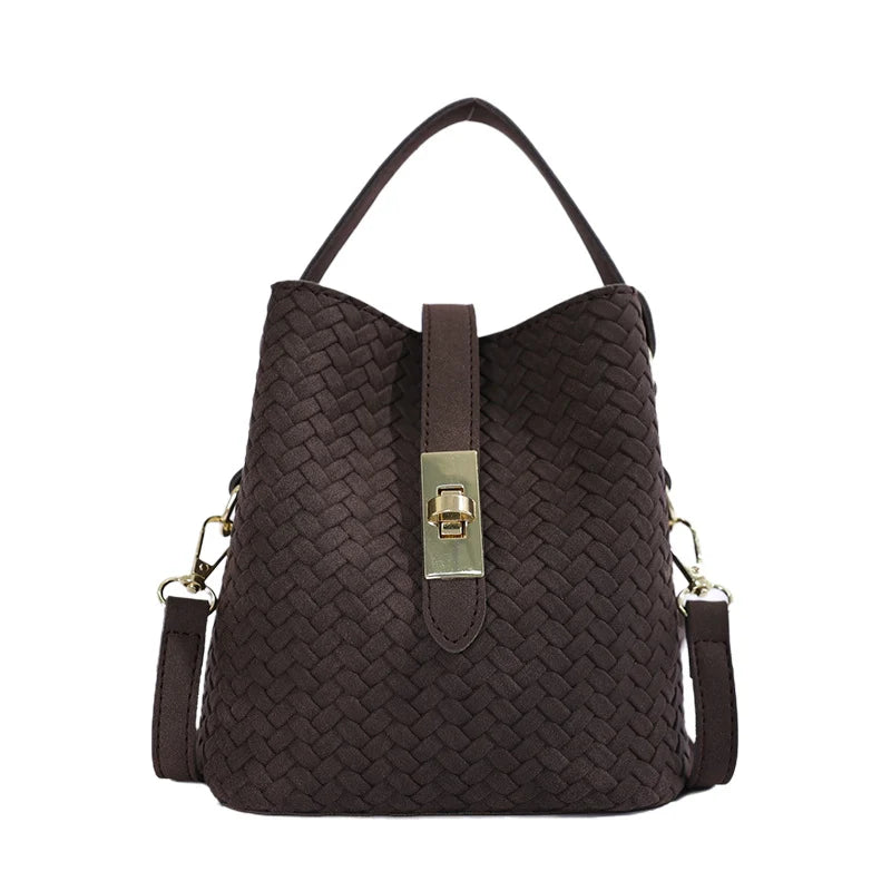 Bucket Handbag Woven Leather Spacious Interior Sturdy Handle