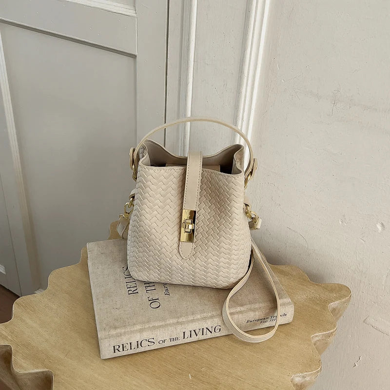 Bucket Handbag Woven Leather Spacious Interior Sturdy Handle