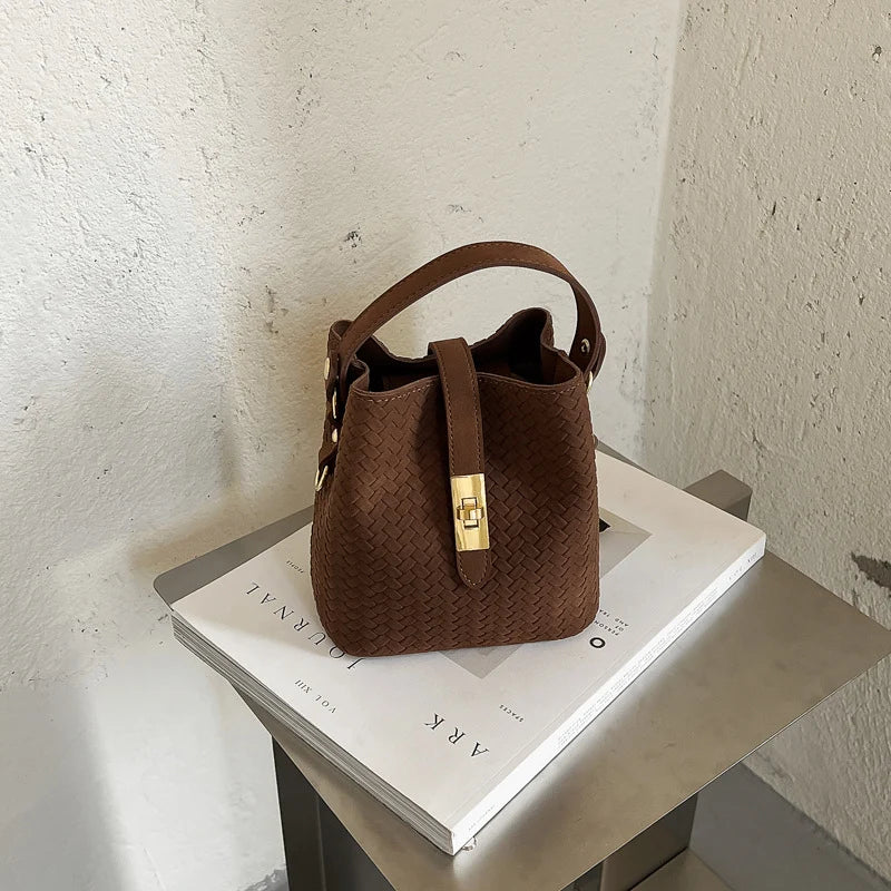 Bucket Handbag Woven Leather Spacious Interior Sturdy Handle