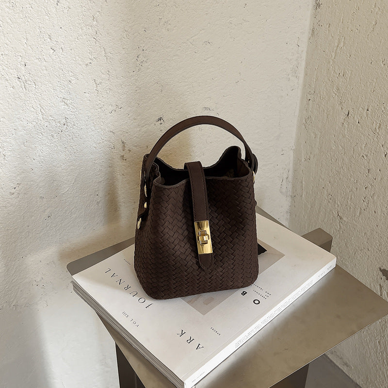 Bucket Handbag Woven Leather Spacious Interior Sturdy Handle