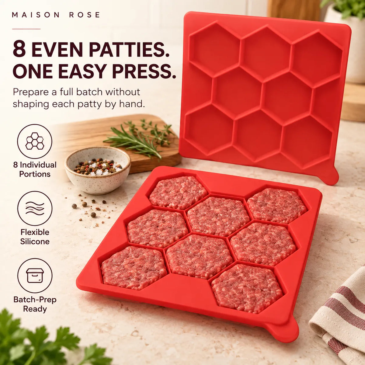 Burger Patty Mold Silicone 8-Patty Capacity Easy Release