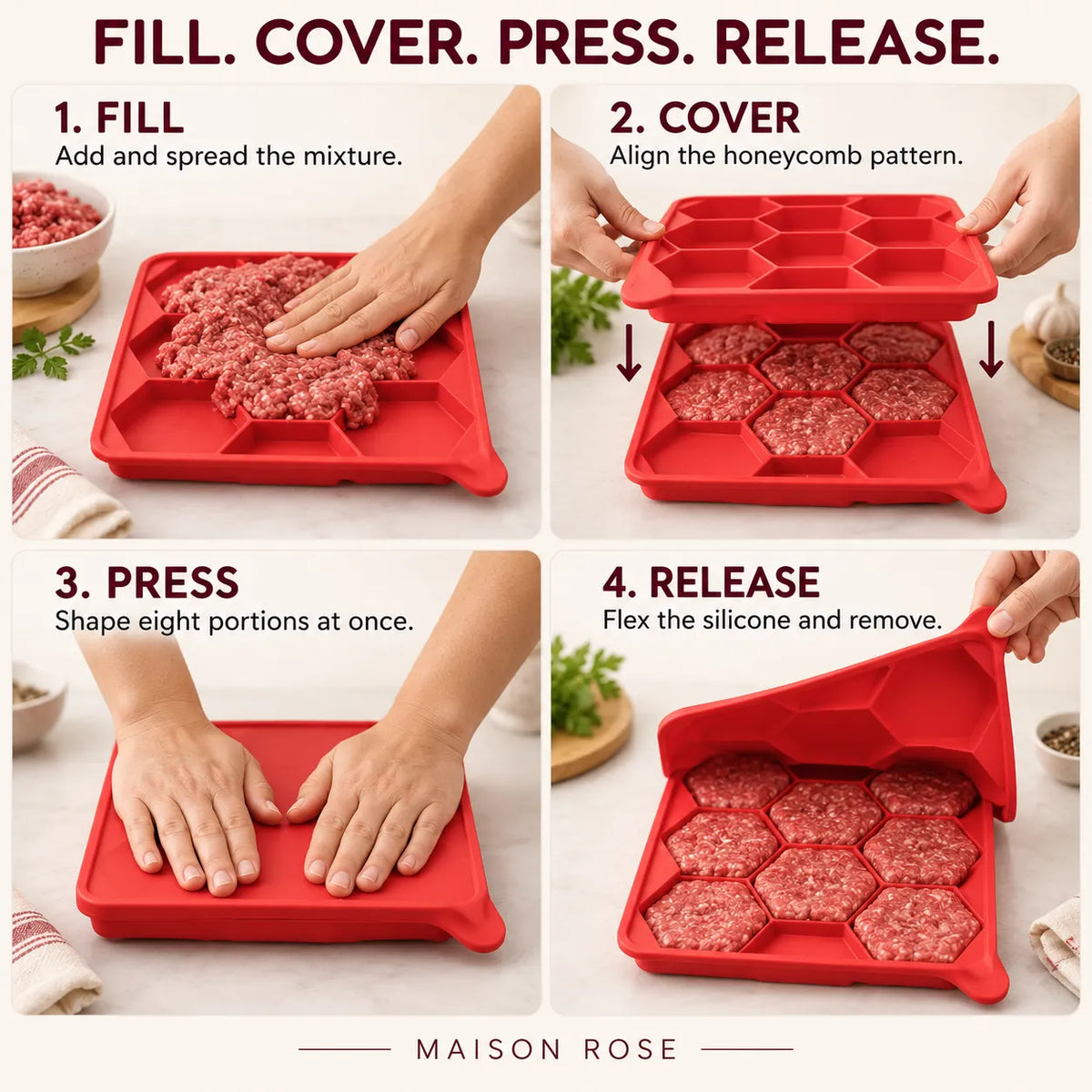 Burger Patty Mold Silicone 8-Patty Capacity Easy Release