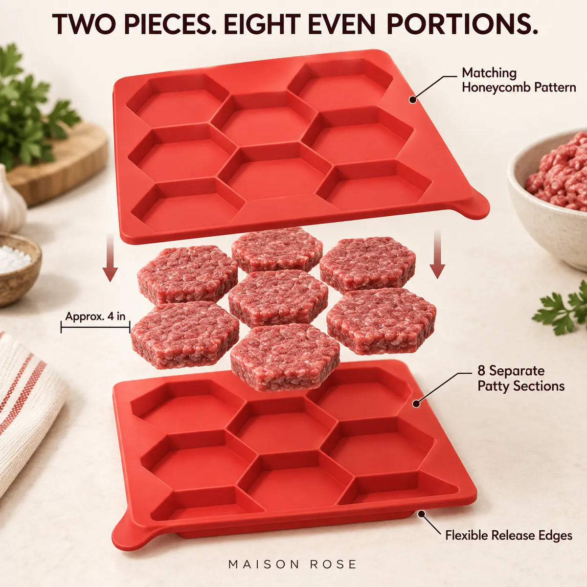Burger Patty Mold Silicone 8-Patty Capacity Easy Release