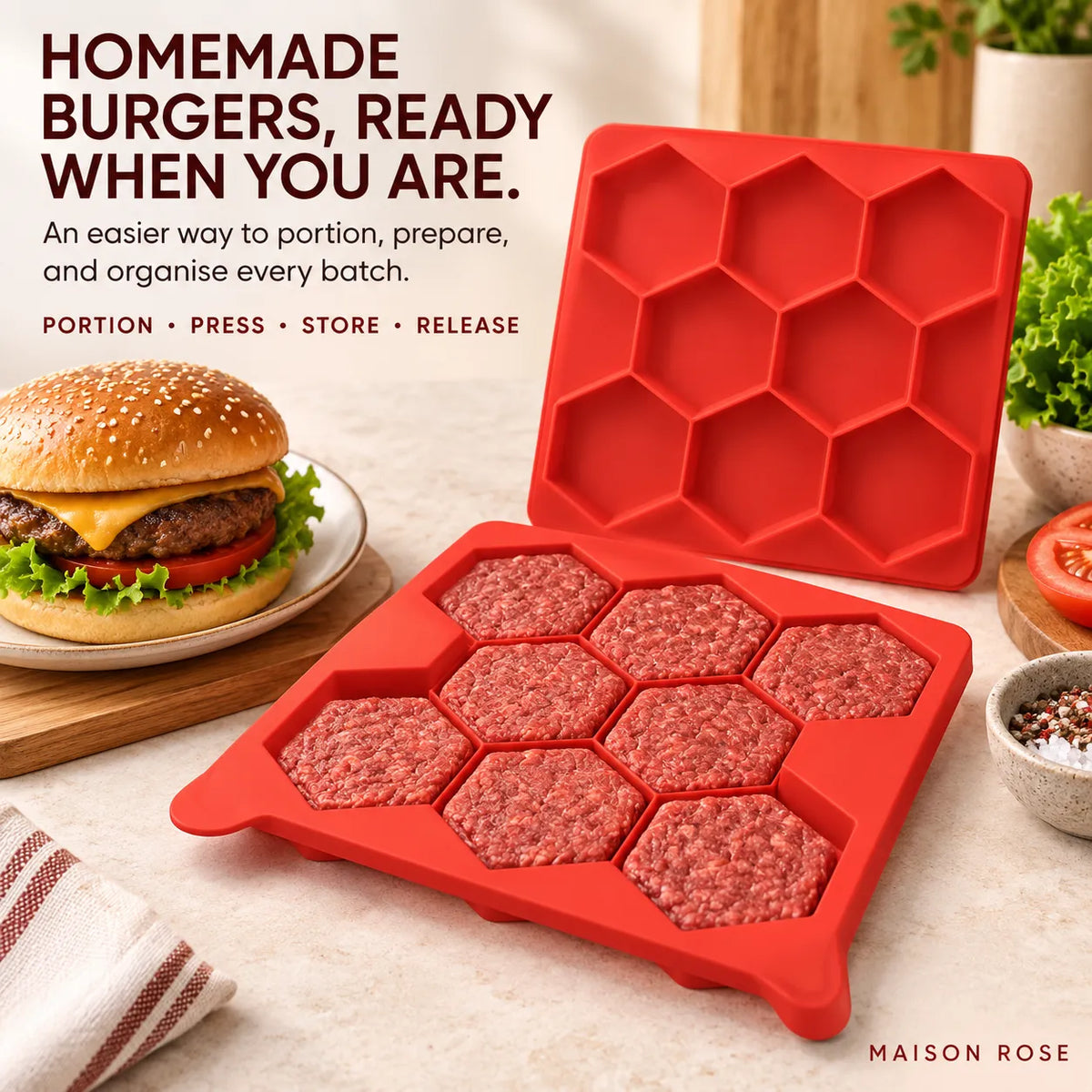 Burger Patty Mold Silicone 8-Patty Capacity Easy Release