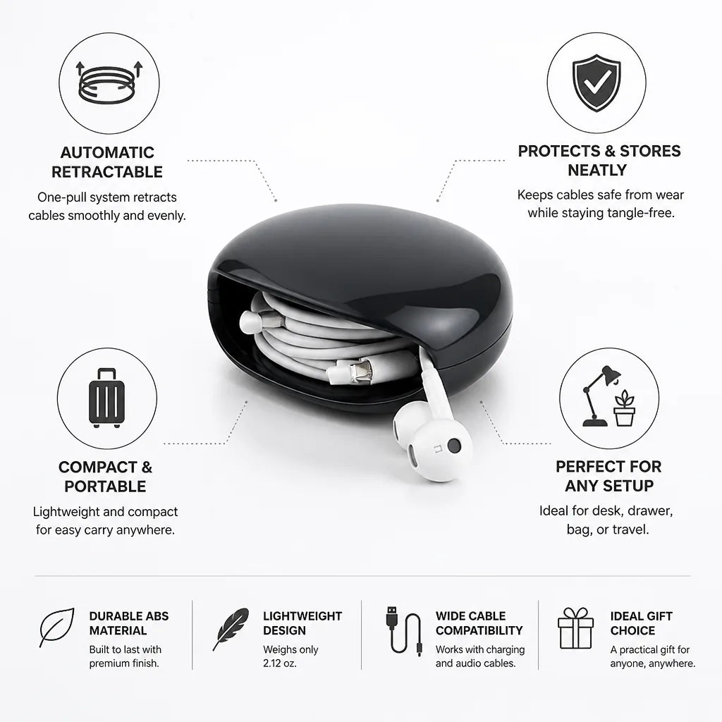 Cable Organizer Automatic Retractable Compact for Desk & Travel