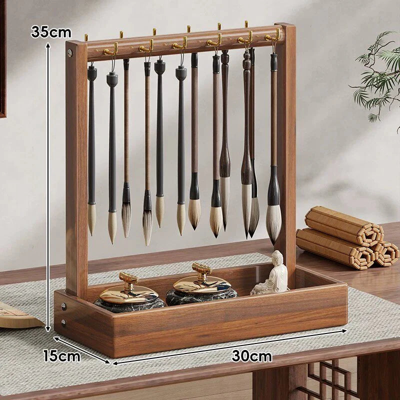 Calligraphy Brush Holder Wooden Hanging Rack Removable Tray