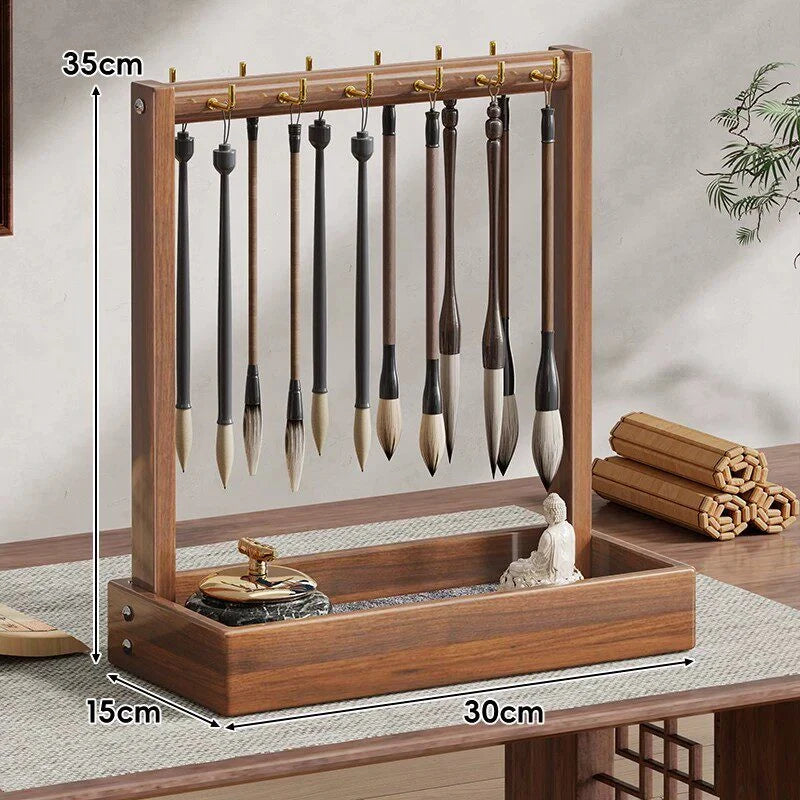 Calligraphy Brush Holder Wooden Hanging Rack Removable Tray