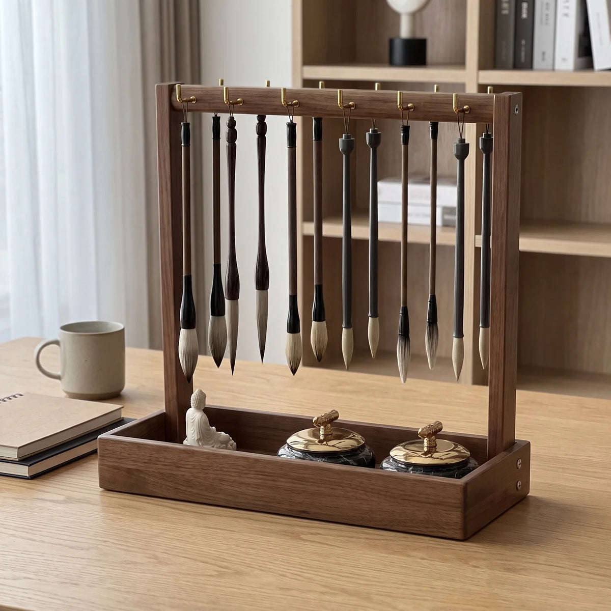 Calligraphy Brush Holder Wooden Hanging Rack Removable Tray