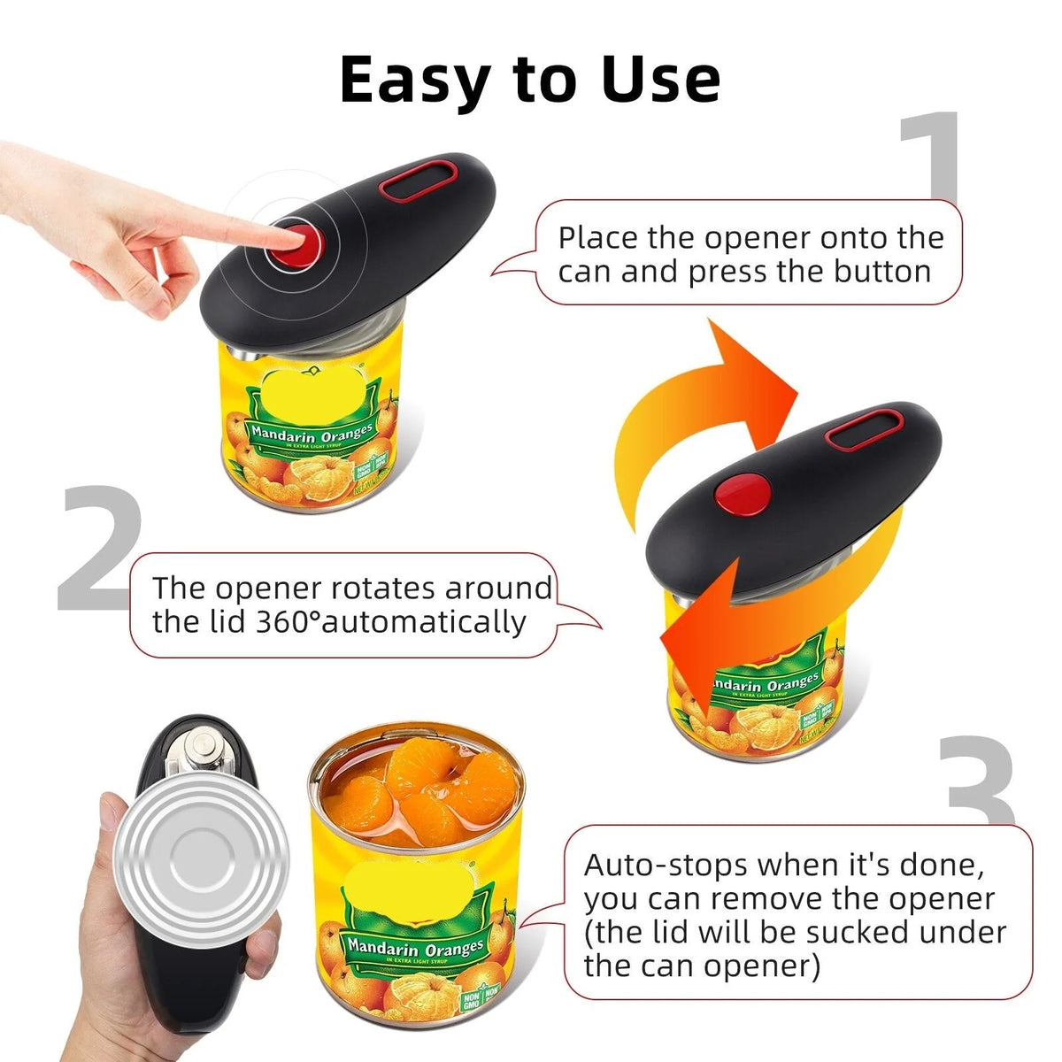 Can Opener Automatic 360° Rotation Auto-Stop Smooth Edge Lid Removal