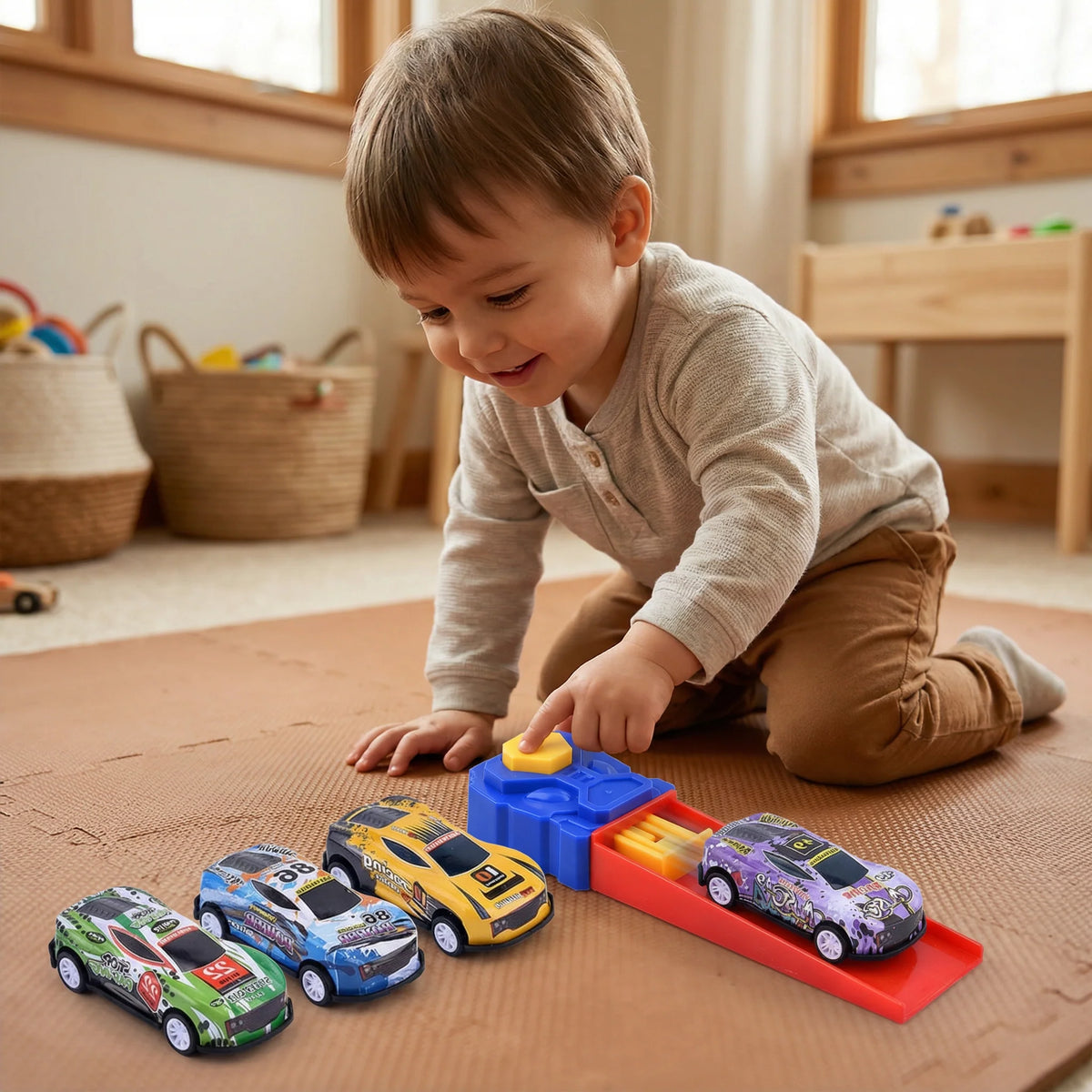 Car Catapult Set Button-Press Launcher 4 Die-Cast Cars