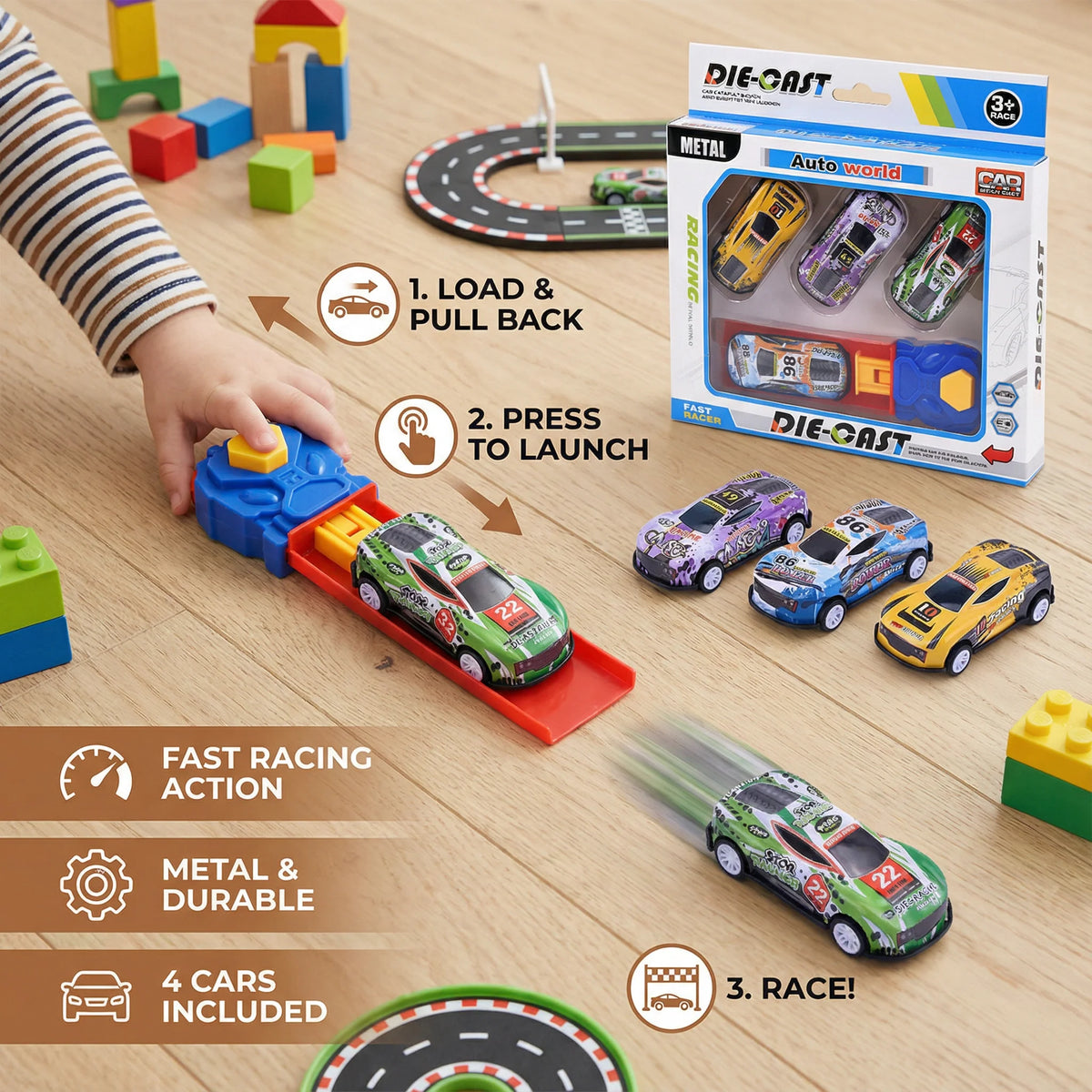 Car Catapult Set Button-Press Launcher 4 Die-Cast Cars
