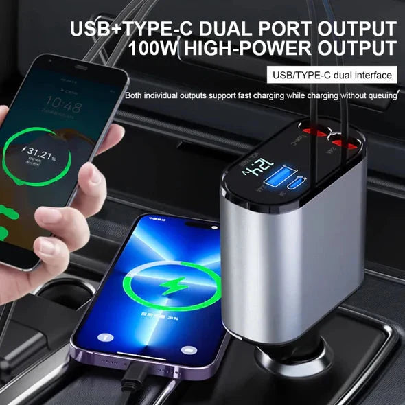 Car Charger Dual Retractable Cables 4 Ports Includes Adapters