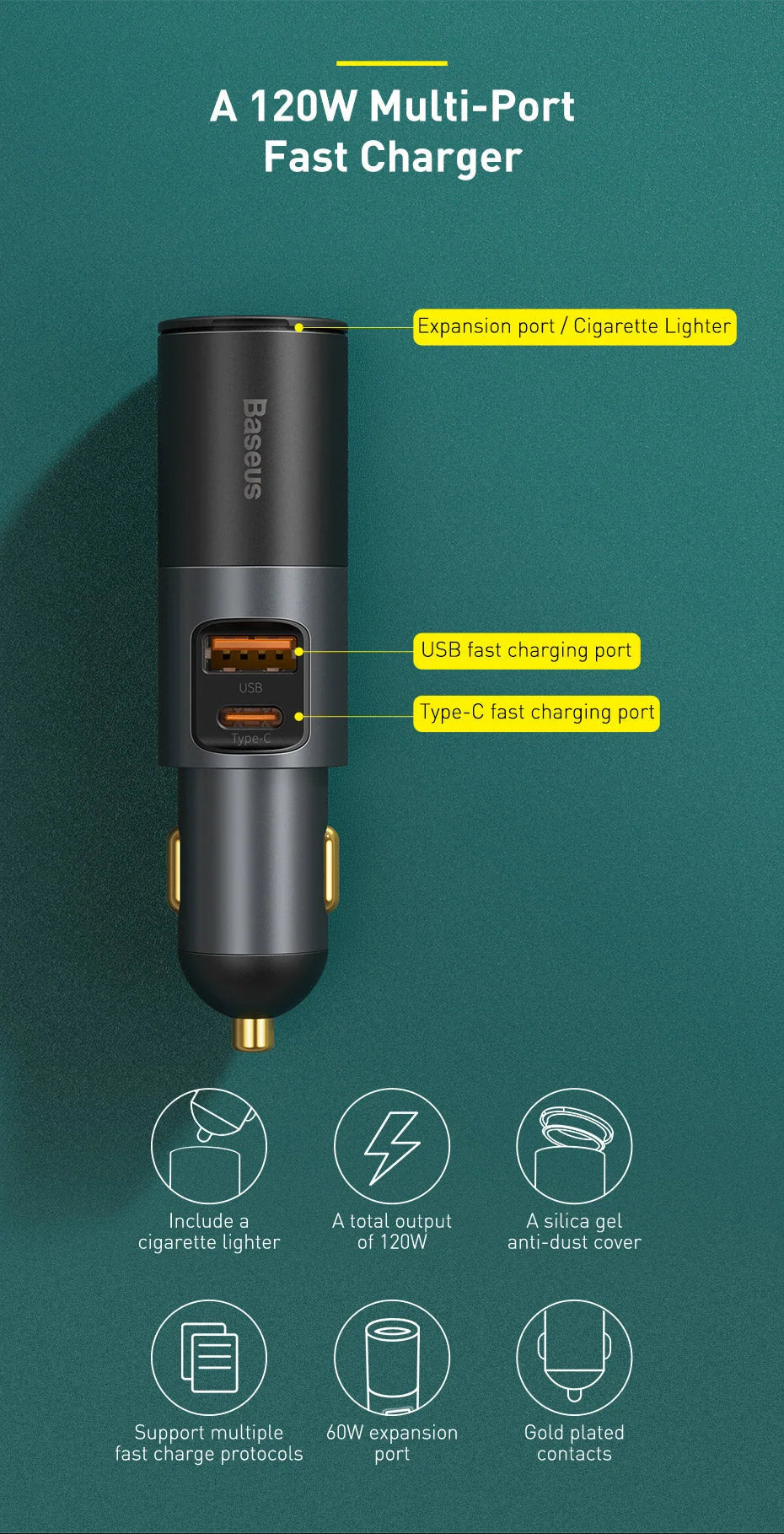 Car Charger Multi-Port USB & USB-C 120W Max Output