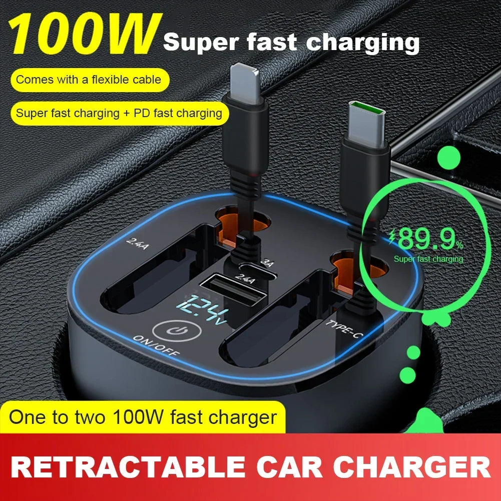 Car Charger Retractable Cable Fast Charging for Apple & USB-C