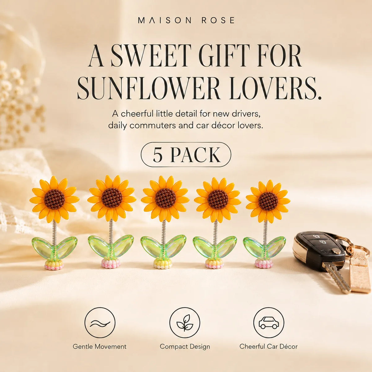 Car Dashboard Ornament Sunflower Flexible Swaying Stem Compact Design