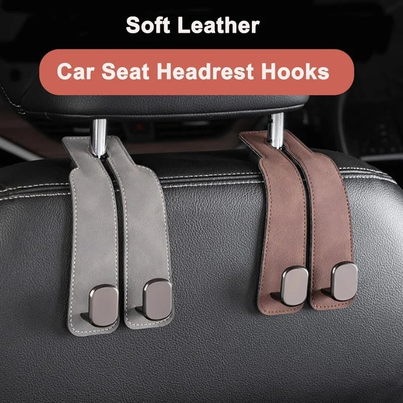 Car Headrest Hooks Leather-Wrapped Foldable Pair 30 lb Capacity