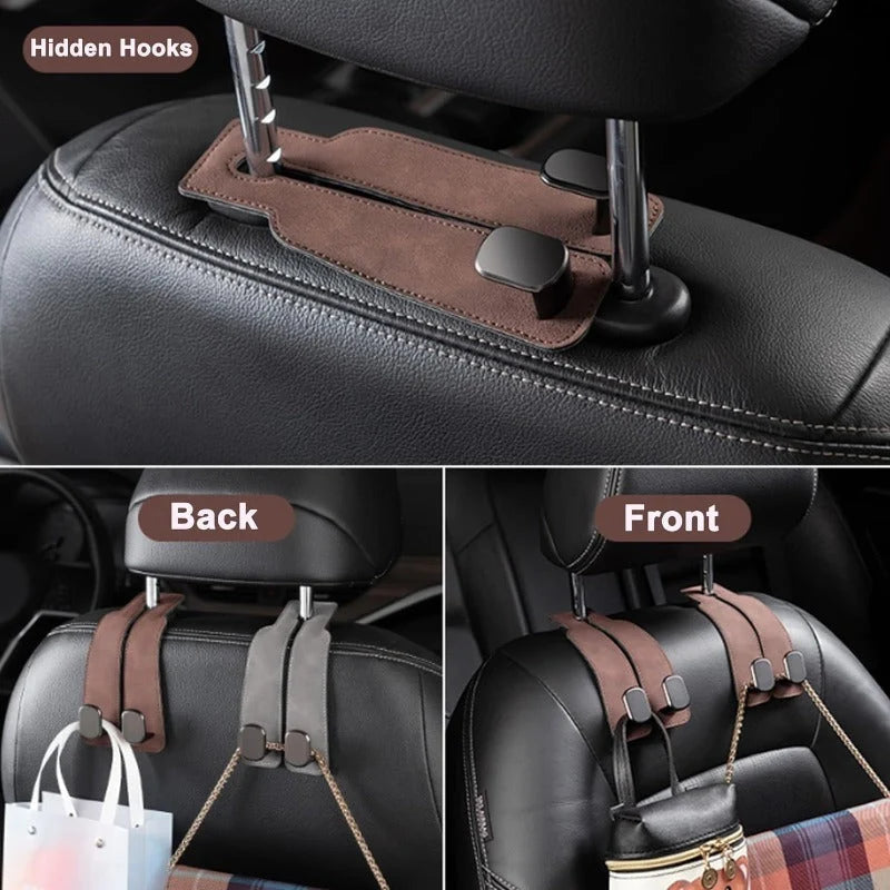 Car Headrest Hooks Leather-Wrapped Foldable Pair 30 lb Capacity