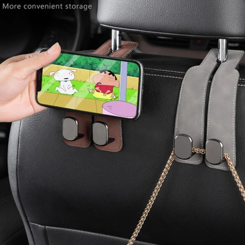 Car Headrest Hooks Leather-Wrapped Foldable Pair 30 lb Capacity