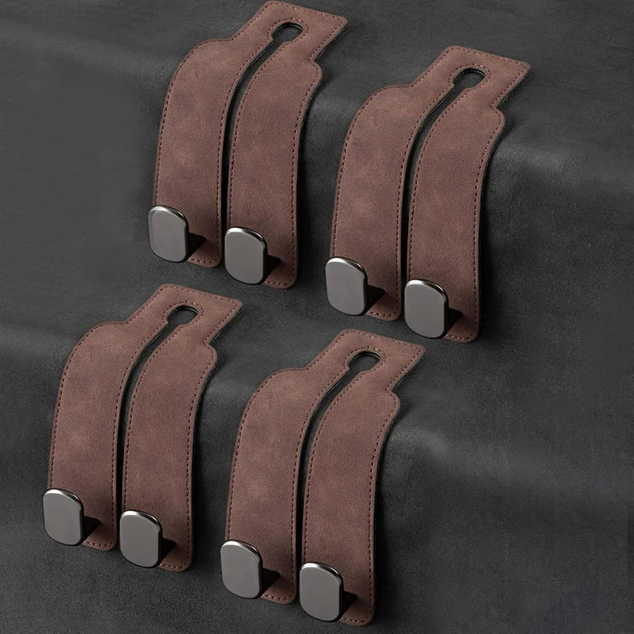 Car Headrest Hooks Leather-Wrapped Foldable Pair 30 lb Capacity