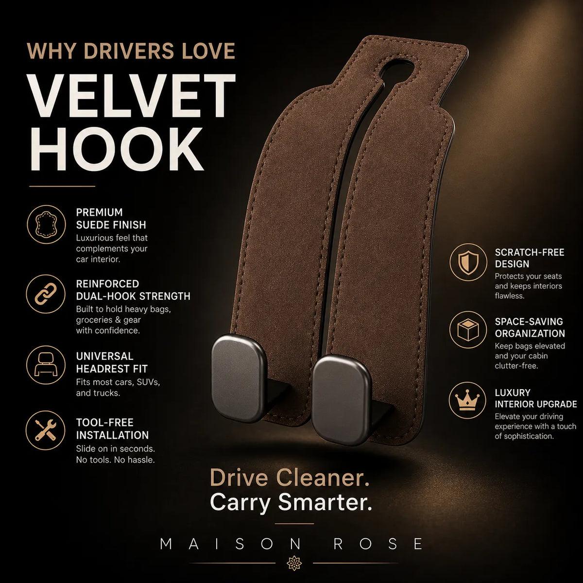 Car Seat Organizer Hooks Dual Hook 45 lb Capacity Tool-Free Install