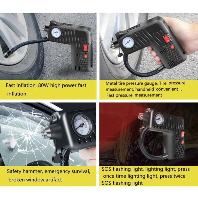 Car Tire Inflator 12V LED Light & Safety Hammer
