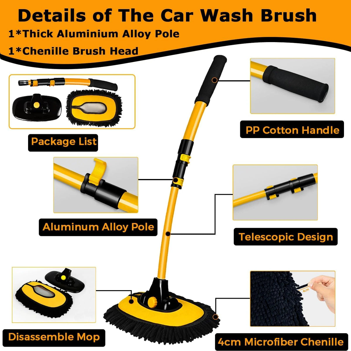 Car Wash Brush Telescopic Rotating Head Microfiber Chenille