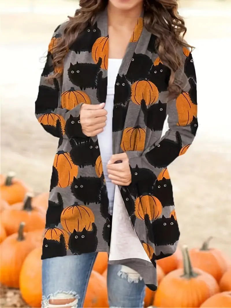 Cardigan Pumpkin Print Stretch Knit Button Front