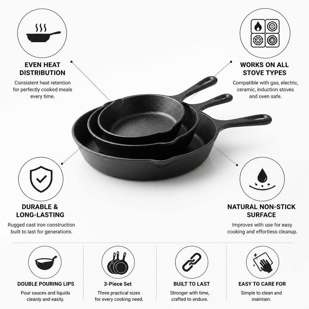 Cast Iron Even-Heat Frying Pan Set (3-Piece)