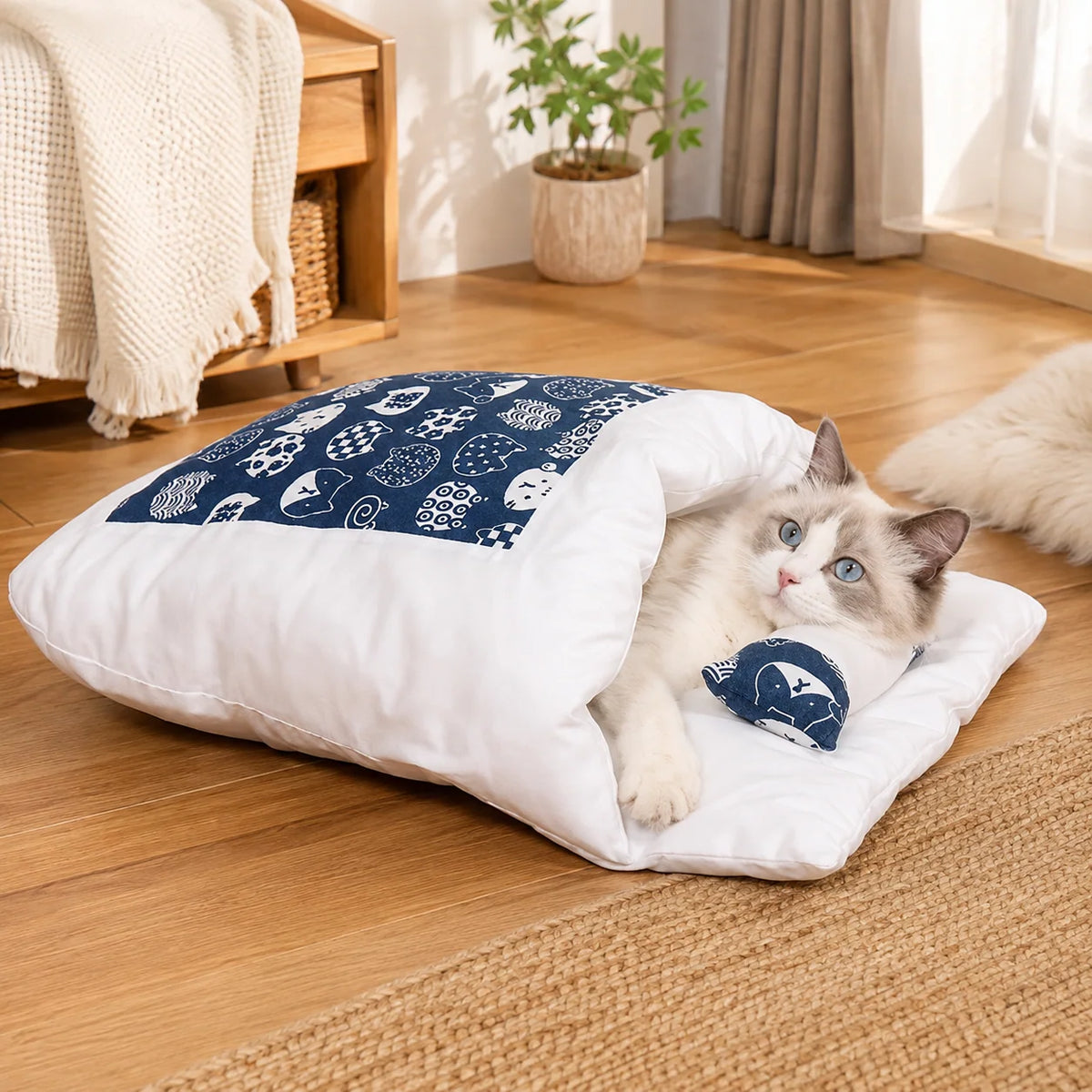 Cat Bed Enclosed Cave Plush Built-In Pillow