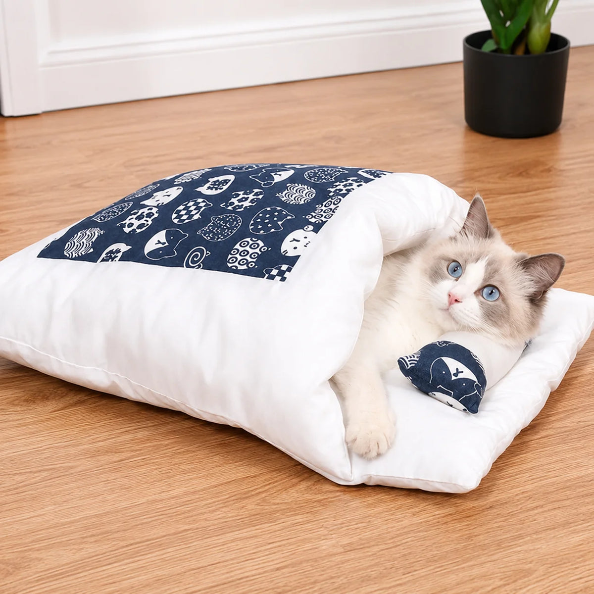 Cat Bed Enclosed Cave Plush Built-In Pillow