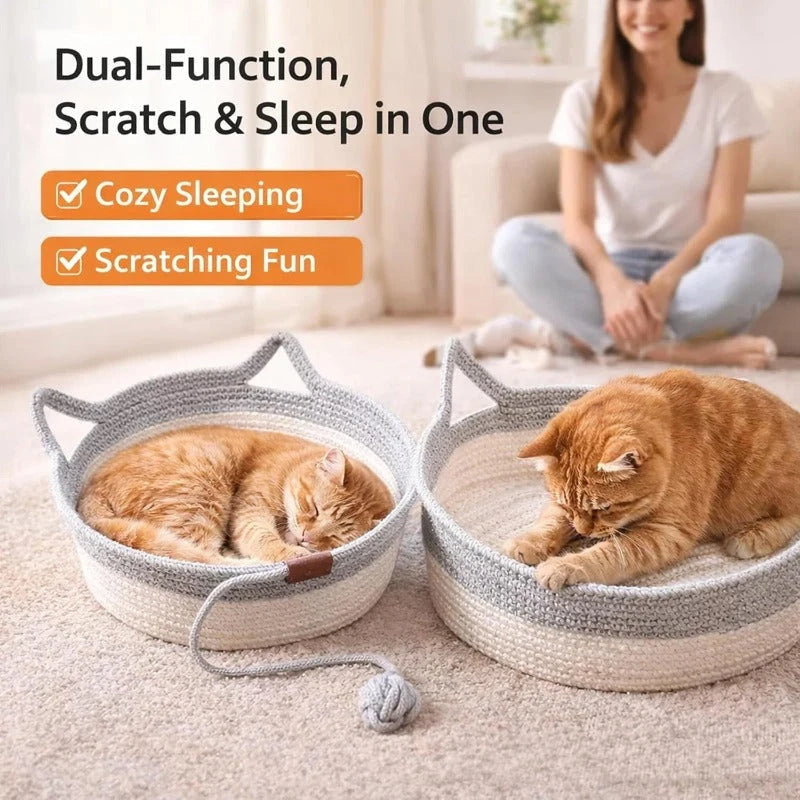 Cat Bed & Scratcher Woven Cotton Rope Toy