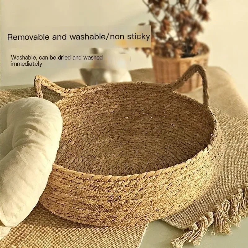 Cat Bed Woven Cattail Grass Removable Washable Pad