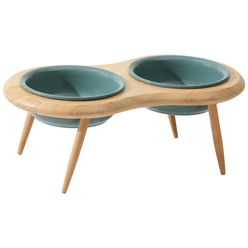 Cat Bowl Adjustable Height Ceramic & Oak Stand