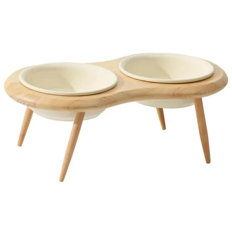 Cat Bowl Adjustable Height Ceramic & Oak Stand