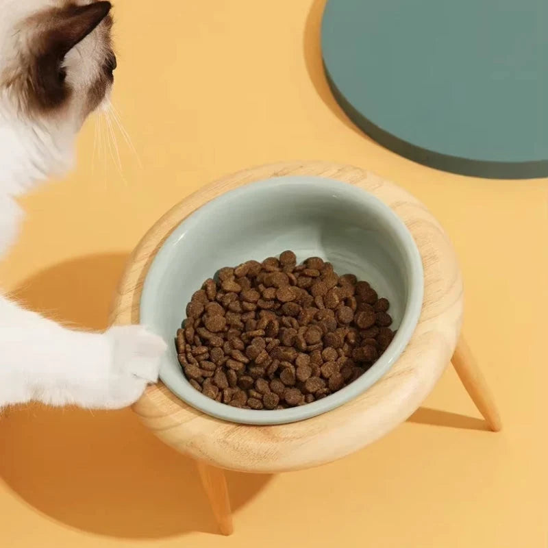 Cat Bowl Adjustable Height Ceramic & Oak Stand